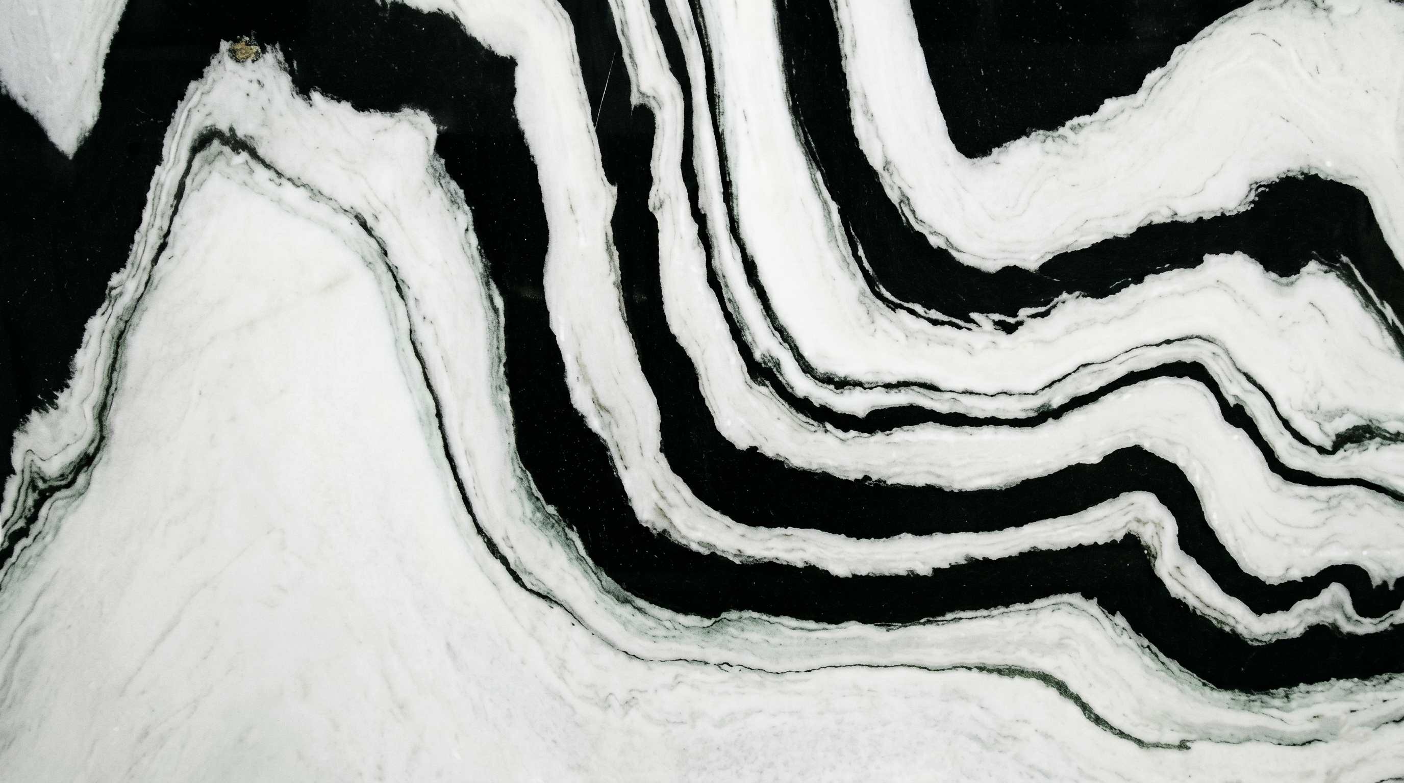 Premium Panda White Imported Marble featuring thick deliberate black ribbons across a brilliant white background. High-quality polished slab supplied wholesale in Kishangarh.
